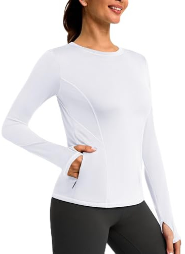 PINSPARK Sportskjorta dam rund hals långärmad löpartröja fleece termo höst vinter pullover toppar sport löpning fitness, Vit, M