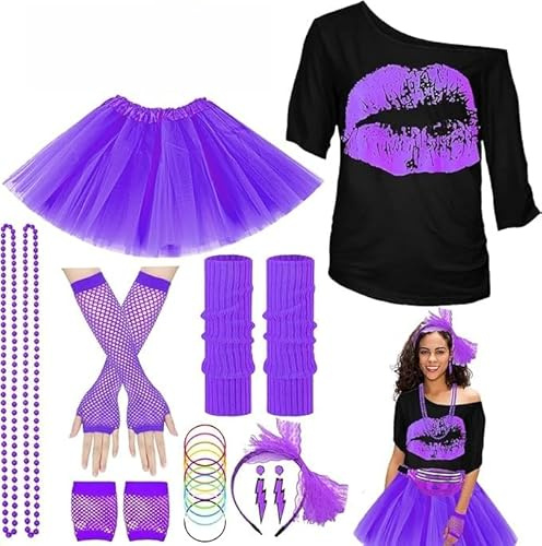 80er Jahre Outfit Damen-Kostüm 80Er Jahre Damen-Fasching Kostüm Zubehör Rosa Set mit Haarband Ohrring Netzhandschuhe Gläser Armband Halskette Neon Kleidung Bad Taste Outfit-Karnevalskostüm Damens