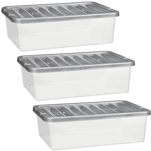 Pack of 3 x 32 Litre Plastic Storage Boxes with Lids - Clear Under Bed Storage Containers with Clip On Grey Lids - Stackable Space Saving Organiser Boxes for Clothes, Bedding & Home Storage