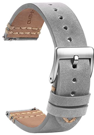 TStrap Leder Uhrenarmband 20mm - Weich Grau Quick Release Uhrenarmbänder Ersatz - Sport Uhrenarmband für Herren Damen - Smartwatches Armband mit Silber Schließe - 18mm 19mm 21mm 22mm