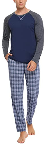 Litherday Pijama Hombre Invierno Algodón Conjunto 2 Piezas Manga Larga con Pantalón de Cuadros Bolsillos y Cordón Ropa de Dormir Hombre,Estilo 2, Azul, S