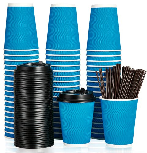 DAILYPACK 100 Count 12 oz Coffee Cups with Lids and Straws, Insulated Ripple Wall Paper Hot Coffee Cups for Home, Office, Hotel, Meetings, Parties