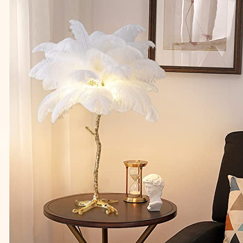 KISFWIU Harz Straußenfeder Tischlampe Nachttischlampe Licht orange braun weiß schwarz Feder Lampenschirm Wohnzimmer Tischleuchte Home Dekoration 80cm (White)
