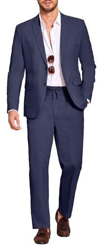 COOFANDY Mens Casual Linen Blazer and Pants 2 Piece Suits Lightweight Beach Wedding Prom Homecoming Suit Set Navy Blue