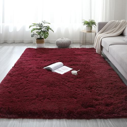Lifup Area Rug for Living Room, Indoor Shag Fuzzy Carpets, Fluffy Faux Fur Rugs, Non-Slip High Pile Shaggy Carpets, Ultra Soft Plush Rugs for Bedroom Home Decor Burgundy 4.6x6.6 Feet