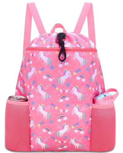 RHCPFOVR Unicorn Swim Bag for Girls - Drawstring Backpack for Kids Swim Bag for Beach Swimming Pool Lightweight Draw String Bags Waterproof Sports Gym With Two Water Bottle Holder