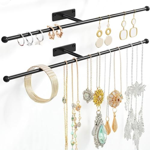 Josmimic Wall Hanging Jewelry Organizer: 12.6'' Necklace Holder for Earring, Bracelet, Rings, Hairband, Glasses, Black 2-Pack, Screws Included