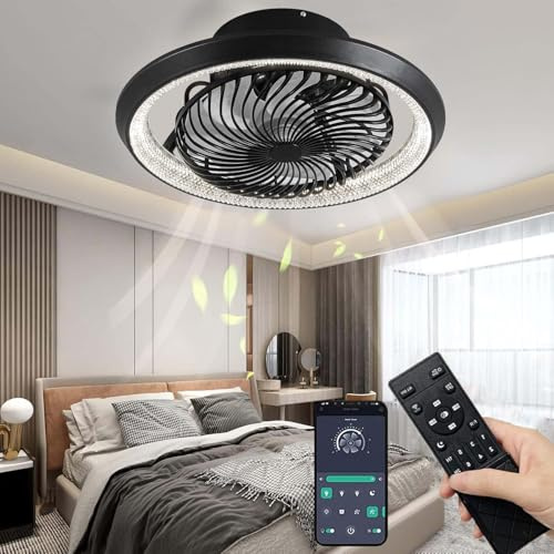 Qiaomao Ventilator Deckenleuchte 49cm, Moderne 360° Drehung Deckenventilator mit Beleuchtung und Fernbedienung App Ganz in Schwarz, 72W Dimmbar Timer Leise Deckenlampe mit Ventilator Schlafzimmer