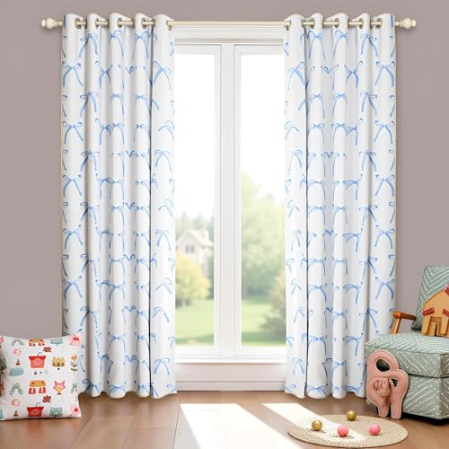 Cartoon Bowknot Kids Blackout Curtains,Bow Tie Knot Geometric Patchwork Fashion Window Drapes for Girls Women,Hand-painted Sketch Blue Noble Window Treatments Grommet Top 2 Panel Set,38Wx54L inch