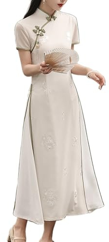 LVYUDS Poliéster Mejorado Qipao Estilo Vestido Vietnamita Ao Dai Verano Largo Aberturas Doble Capa Vestido Chino Mujer Uso Diario Citas Boda(L)