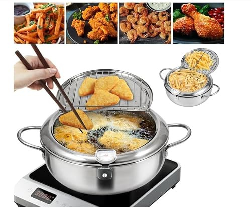 Frittiertopf,Japanische Tempura Fritteuse Topf mit Thermometer,Deckel Und Abtropfgestell,Japanischer Frittiertopf aus Edelstahl,Frittiertopf Im Japanischen Stil für Pommes Frites,Garnelen(Silber,28cm)