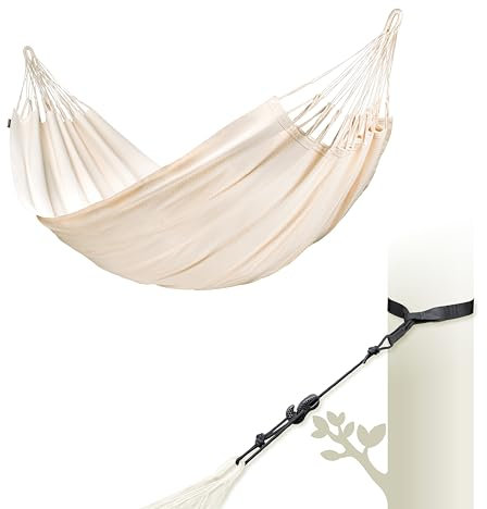 LA SIESTA® Modesta Bio-Baumwoll Hängematte & Baum- & Pfosten-Befestigung, Gurten für Baumen Balken Pfosten - Indoor Outdoor Hängematte für Garten Balkon - Doppel Hängematte für 2 Personen, Latte