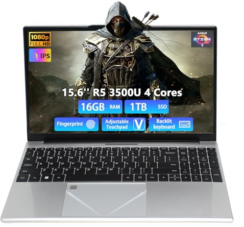 Breloom Computer portatile da gioco 2026, Computer portatile da 15,6 pollici con processore AMD Ryzen 5 3500U, DDR4 da 16 GB, SSD da 512 GB, Display FHD 1920 x 1080P (3500U-SY, 16GB+1TB)