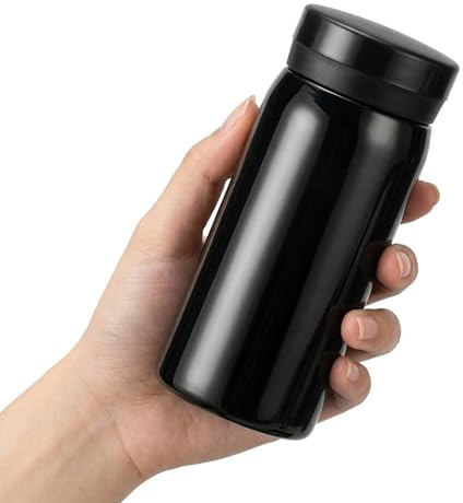 Mini Termo de Café de Acero Inoxidable 200ml, Botella de Agua Térmica de Bolsillo con Aislamiento al Vacío, Incluye Pegatinas 3D para Personalizar, Color Negro