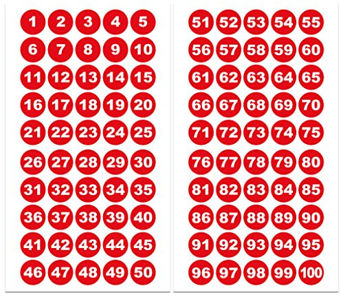 Runde Zahlenaufkleber 1-100, Vinyl - 30mm - weiße Zahlen auf rot