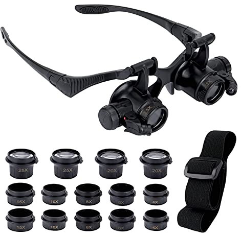 GuDoQi Lupenbrille mit Licht, Hände Frei KopfbandLupe, 8 Wechselobjektive, 2 LED Lichts, Standlupe für Lesen, Elektriker, Nähen, Handwerk, Juweliere (2.5X, 4X, 6X, 8X, 10X, 15X, 20X, 25X)