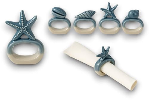 Aurora Store MARINE 12x PORTATOVAGLIOLI in CERAMICA anello per tovagliolo Complemento per Tavola Cucina Tema Mare Decorazione per la Casa, Spiaggia, Barca Decorazioni (Bianco e Azzurro) 6x3x h.3,5 cm
