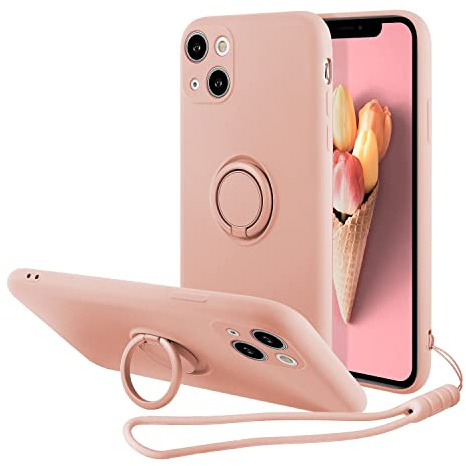 UEEBAI Case for iPhone 13 6.1 inch, Ultra Slim TPU Shockproof Case Liquid Silicone Case Rotatable Ring Holder Kickstand with Magnetic Car Mount Gel Rubber Cover Wrist Strap for iPhone 13 - Pink