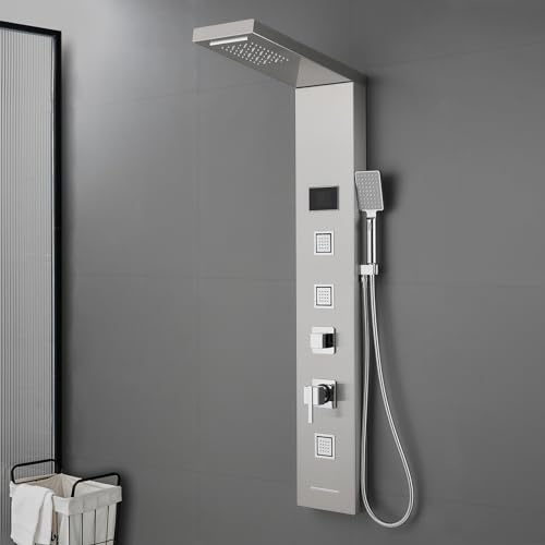 ROVOGO LED Rainfall Waterfall Shower Panel with 3 Body Jets, Handheld and Tub Spout, No Battery Needed Shower Tower with Temp Display, 304 Stainless Steel Brushed