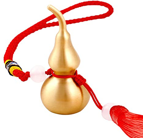 Feng Shui Hanging Ornaments Decor,Wu Lou Golden Gourd,with Red Luck Strip Tassel Treasure for Ideal Car Pendant,Bedroom,Door,Desk lamp,Bring Good Luck,Safty,Healthy,2.16inch Tall,Full Brass