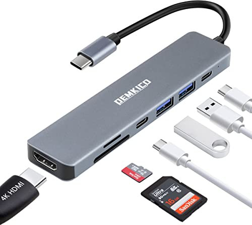 7 en 1 DEMKICO Hub USB C con HDMI 4K, Lector de Tarjetas SD/TF, Puerto de Transferencia de Datos USB C, 2 Puertos USB, Carga de energía de 87W Compatible con MacBook Pro/Macbook Air/XPS y más