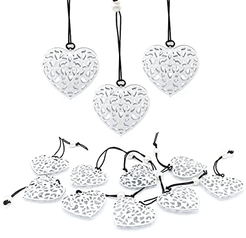 12 x Hänger Herzen Dekohänger Herz Metall Dekoherz Herzanhänger Hängedeko (12er Set Anhänger Herz weiß Ornament)