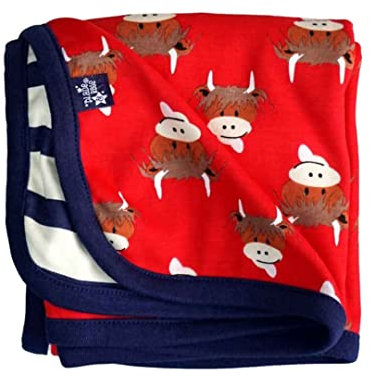 Blade & Rose | Blanket For Babies & Toddlers |95% Cotton | Red/Blue | Highland Cow Design