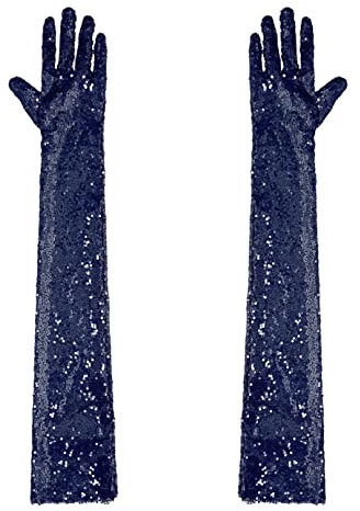 Agoky Damen Pailletten Handschuhe Abendhandschuhe Ellenbogen Lang Party Hochzeit Braut Armstulpen Fäustlinge Gloves Navy Blau Einheitsgröße