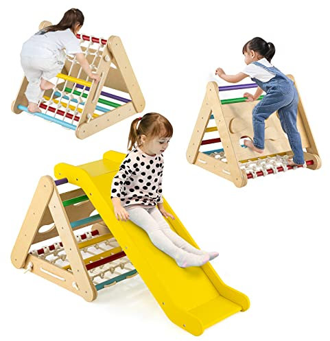 COSTWAY 4 en 1 Triángulo de Escalada para Niños, Escalador Triangular con Tablero Deslizante, Juego de Escalada de Madera para Interior con Red de Escalada para Hogar(Multicolor)