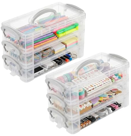 Anstore Storage Box with Handles, 2 x 3 Tier Clear Plastic Storage Box with Lid, Portable Pencil Case, Pen Drawing Tools Container Lid