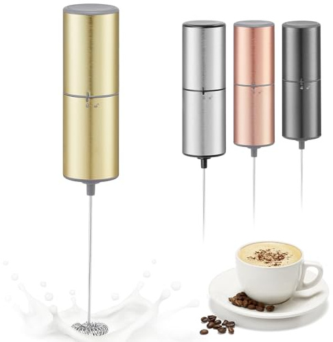 ELMWAY Battery Operated Milk Frother, Handheld Coffee Frother with Stainless Steel Whisk for Latte, Cappuccino, Matcha & Protein Powder, Requires 2 AA Alkaline Batteries (Not Included), Golden