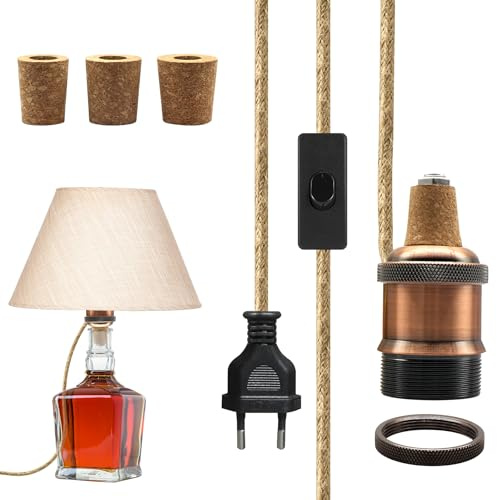 Kit Lampe à Bouteille,Adaptateurs de Lampe e27 avec 2.4 m Câble en Ficelle et Interrupteur, Douille E27 en Laiton, Support de Lampe en Céramique E26, Pieds de Lampes, 3 Tailles de Bouchons