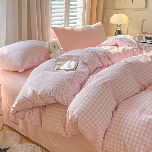 Covebett, set di biancheria da letto, 140 x 200 cm, motivo a quadretti, rosa e bianco, stile moderno, in microfibra rinforzata, lavato, con motivo geometrico a quadretti, copripiumino e federa da 70 x