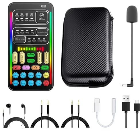 Cambiador de voz en tiempo real con tarjeta de sonido - 8 efectos de voz, accesorios completos incluidos (mini micrófono, auriculares de monitor, 2 adaptadores), Plug & Play, compatible con PC, PS5