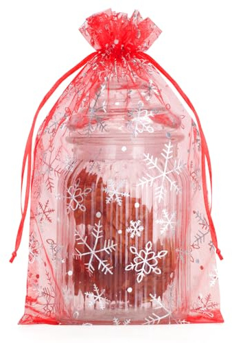 G2PLUS Sachets en Organza Noël: Grands Sachets Cadeaux Organza avec Flocons de Neige, Pochette Noel Rouge 20x30 cm pour Emballage Cadeaux de Noël et Décoration de Fête