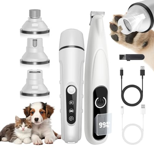 PAPMINI 2 in 1 Dog Nail Grinder and Dog Paw Trimmer, Quiet Painless Electric Dog Nail Trimmers for Large Medium Small Dogs&Cats, Cordless Clipper for Nails, Paws, Ears, Eyes, Rump&Body Grooming（White