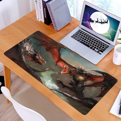 KDWJS Gaming Mouse Pad Mouse Mat - 35.5 x 16 in - XXL mousepad - Table mat large size - improved precision and speed - Dragon duel, dramatic encounter between two red winged beasts, fierce confrontat