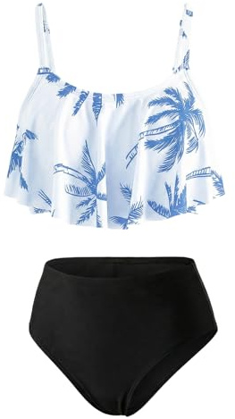 FILOWA Bikini Set för Flickor Barn 2 Delar Baddräkt Volang Top och Badbyxor Tankini med Justerbara Remmar Hawaii-tryck Badkläder Pool Strand för Tonåring 7-14 År, Blå, 13-14 �r