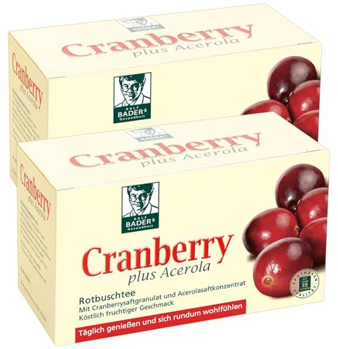 BADERs Cranberry Acerola de Farmacia Arándano Plus, Té de Arbusto Rojo con Gránulos de Zumo de Arándano, 2 x 20 bolsas de filtr0