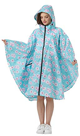 Womens Rain Poncho Stylish Polyester Waterproof Raincoat Free Size with Hood Zipper (Light Blue Sakura)