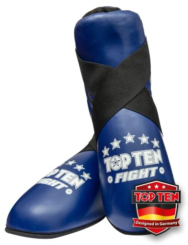 TOP TEN Fußschutz Kickboxen „Fight“ – Professioneller Fußprotektor für Kickboxen, Taekwon-Do & Kampfsport – WAKO & ITF Zertifiziert – Ultraleicht mit PPS-Schaumstoffpolsterung