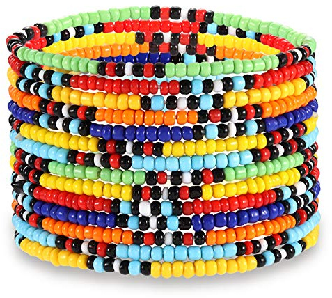 HEIDKRUEGER Seed Bead Stretch Bracelets Colorful Rainbow Tiny Beaded Stackable Vsco Bracelets Boho Summer Vacation Adjustable Bangle Bracelet for Women 14Pcs