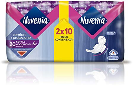 Nuvenia - Assorbente Sottile Notte con Ali - Superficie Morbida e Controllo Odori - Confezione da 20 Assorbenti