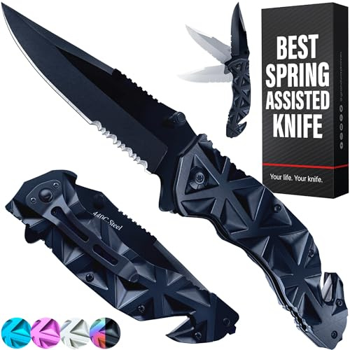 Pocket Knife for Men - Serrated Sharp 3.5 Folding Blade - Multifunction Tool with Wire Cutter Glass Breaker - Perfect Knives for Outdoor Cooking, Cutting Sashimi - Kitchen Gadgets - Birthday Gifts Idea HB 207