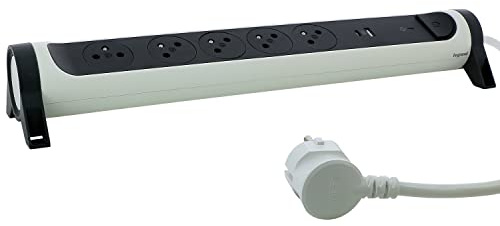 LEGRAND - Multiprise Rotative Avec Interrupteur à Voyant LED et Protection Parafoudre - 5 Prises Surface avec Terre + Prise USB-C + Prise USB-A - Cordon 1,5m - Blanc et Gris Foncé