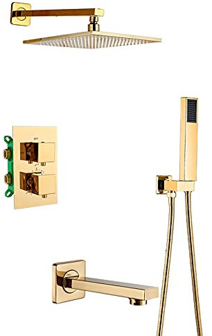 SHUGUANG Gold Duschsystem mit Duschkopf, Thermostat Duschset Messing Duschsäule Wandmontage Regendusche Set Unterputz Duschset Duscharmatur mit Handbrause, Badewanneneinlauf,8 Inch