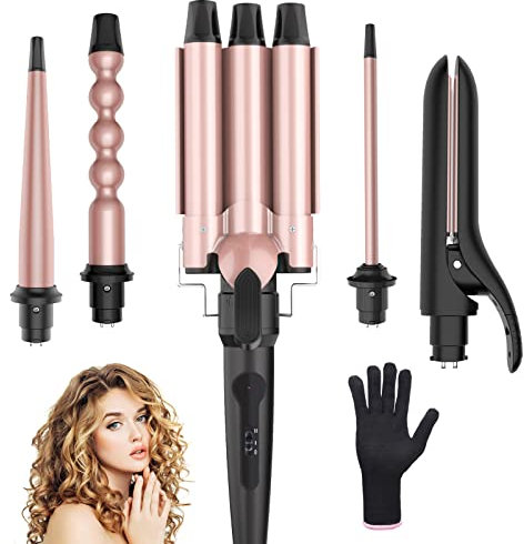 Professional Curling Wand,Wolady 5 in 1 Hair Curler Set with 5 Interchangeable Aluminium Barrel,Curling Tongs with with Heat Resistant Glove,Fast Heating Hair Iron Set for Long Short Medium Hair