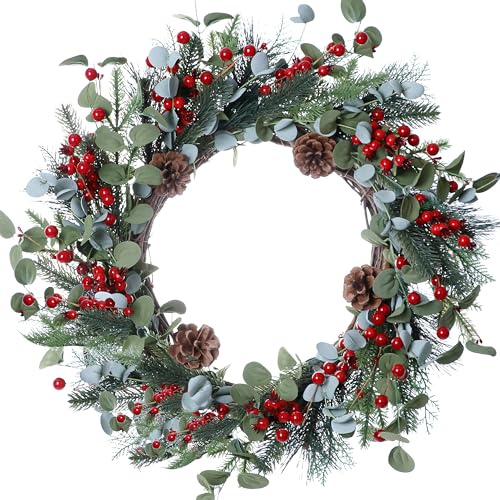 DIYFLORU Corona de Navidad de 20 Pulgadas, Coronas de Invierno, Coronas de Navidad para Puerta Delantera, Corona de Bayas de Navidad con Agujas de Pino, Conos de Pino, Bayas Rojas para Ventana