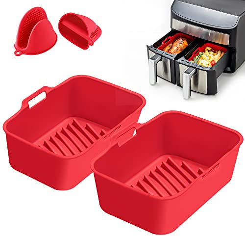 HEETA Heißluftfritteusen Silikontopf Kompatibel für Ninjas Dual Air Fryer AF400EU [2 PCS] Neueste Silikontopf mit Ofenhandschuhen, Wiederverwendbarer Luftfritiergerät Silikonkorb für 6-8L(Rot)