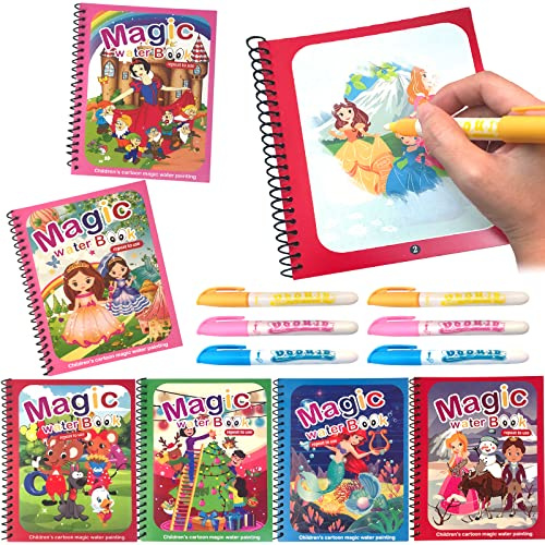 Roselee 6 stycken vattenmålarbok magisk vattenmålarbok med 6 penslar, vattenmålarbok, återanvändbar, Magic Water Colouring Book, målarbok för barn, flickor, 2 till 7 år, gåva